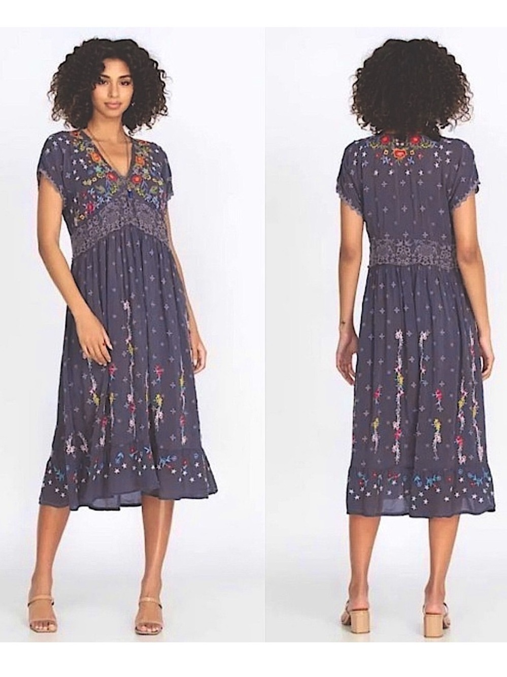 Johnny Was Sabine Midi Dress Embroidered Floral Gray V-Neck Boho Rayon Sz Small